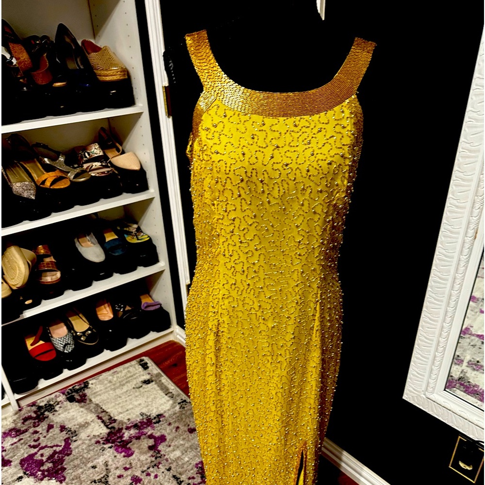 Vintage beaded evening gown with side split